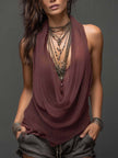 FJØRNA earth tone double-layer mesh knit halter tank top with layered design and breathable fabric, styled on a neutral background.