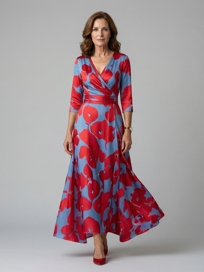 FJØRNA women's floral summer maxi dress with V-neck wrap design, flowing fabric, and vibrant floral pattern.