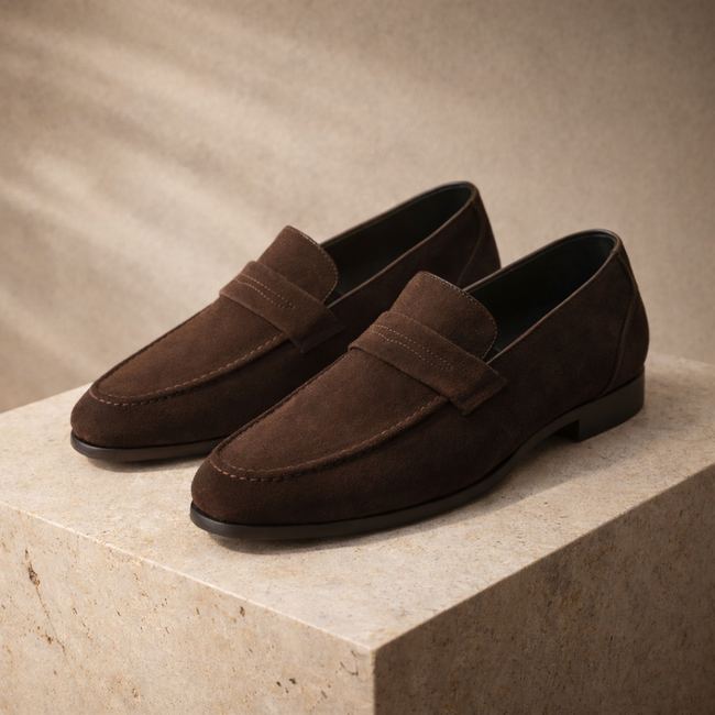 Men's FJØRNA penny loafers, stylish leather shoes for men with classic slip-on design, shown in a close-up front view.