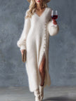 White Knit V-Neck Midi Dress For Women