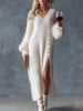 White Knit V-Neck Midi Dress For Women