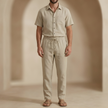 FJØRNA men's linen co-ord set with shirt and trousers, ideal for summer, displayed in a stylish, relaxed fit.