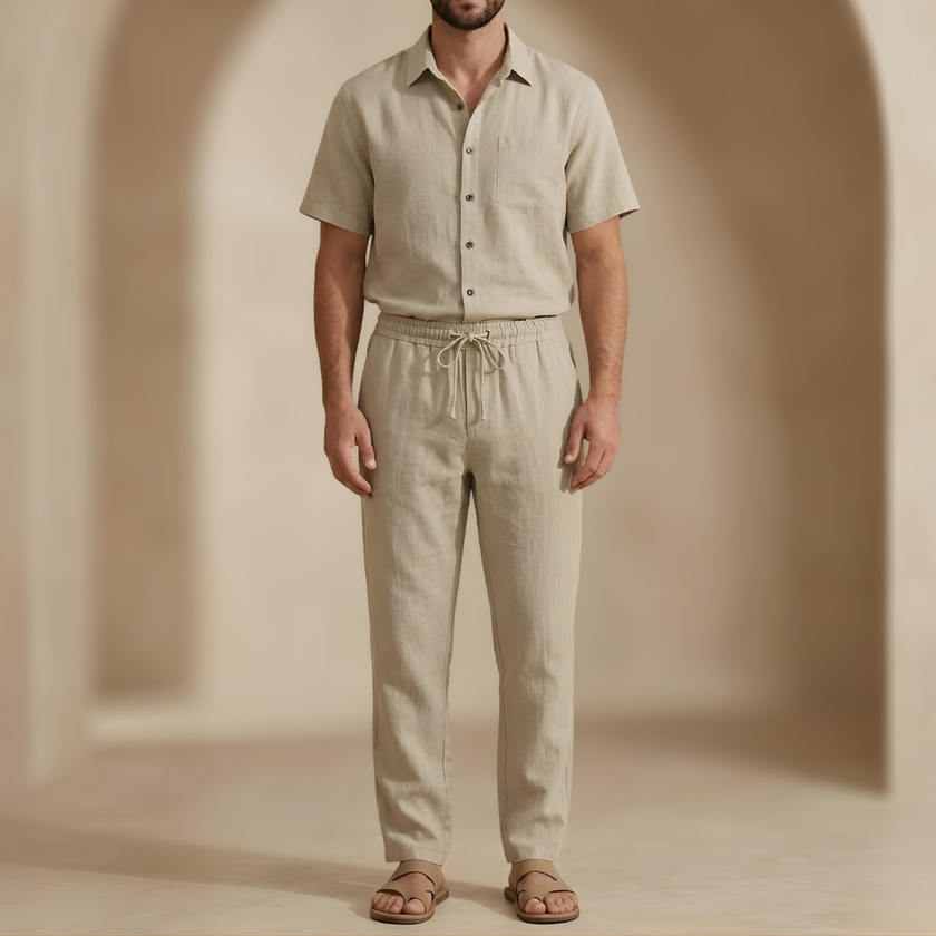 FJØRNA men's linen co-ord set with shirt and trousers, ideal for summer, displayed in a stylish, relaxed fit.