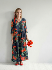 FJØRNA women's floral summer midi dress with long sleeves, wrap style, breathable fabric, perfect for warm weather.