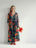 FJØRNA women's floral summer midi dress with long sleeves, wrap style, breathable fabric, perfect for warm weather.
