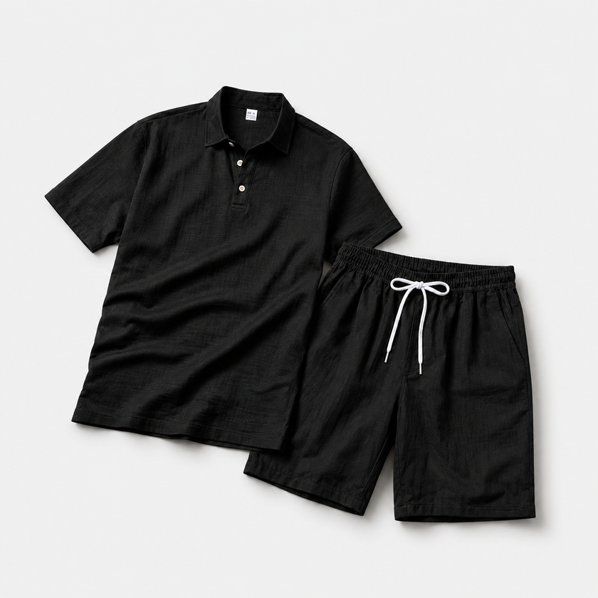 FJØRNA men's linen short sleeve polo shirt and matching shorts set, lightweight and casual summer outfit, front view.