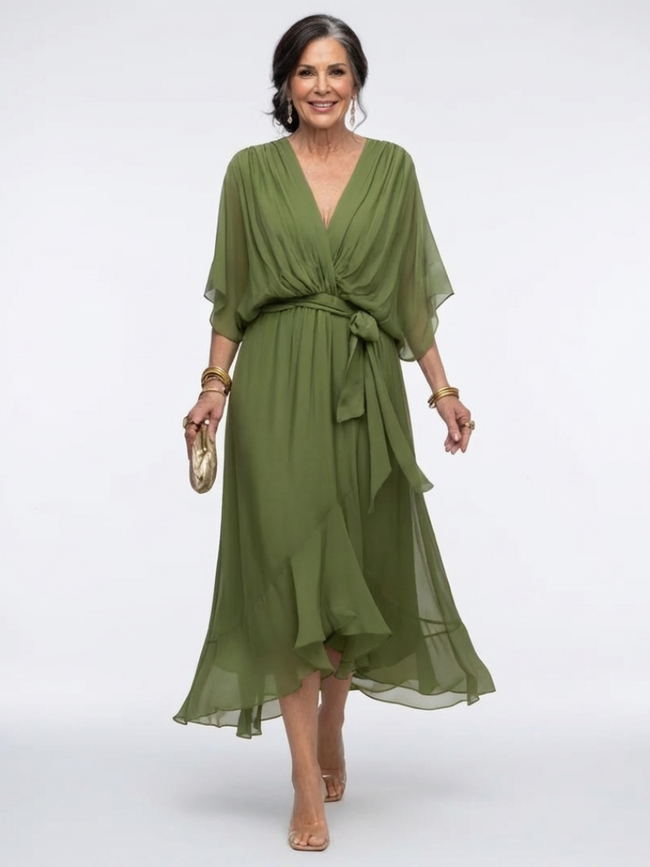 FJØRNA women's summer midi dress with wrap design, flowy fabric, perfect for warm weather and casual occasions.