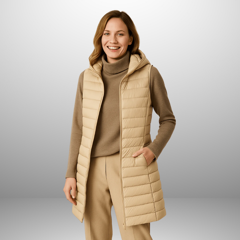 Amalie – Long Hooded Puffer Vest for Women in Modern Fit