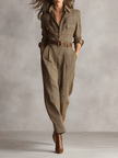 FJØRNA women’s tweed texture plaid jumpsuit with V-neck, collared neckline and utility pockets, stylish and comfortable pants.