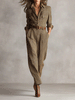 FJØRNA women’s tweed texture plaid jumpsuit with V-neck, collared neckline and utility pockets, stylish and comfortable pants.