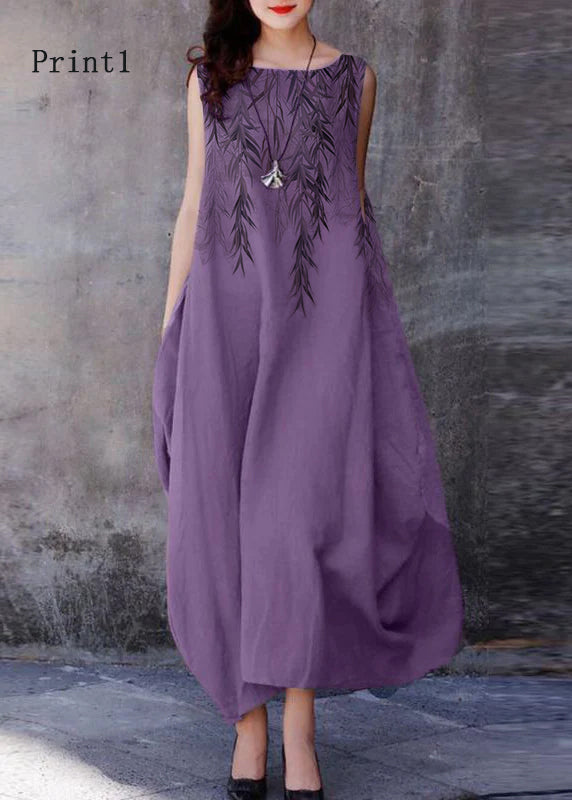 FJØRNA bohemian purple sleeveless cotton dress with O-neck, extra large hem, ideal for casual or wedding occasions.