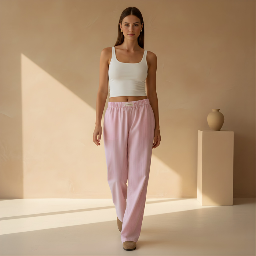 FJØRNA women's lounge trousers with elastic waist and pockets, comfortable casual pants for relaxed wear.