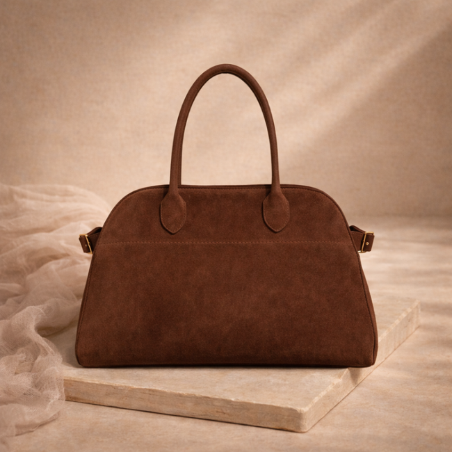 Vegan large suede handbag for women by FJØRNA, featuring a spacious design and elegant texture in neutral tones.