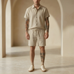 Men’s linen blend shirt and shorts co-ord set by FJØRNA, perfect for summer, featuring lightweight fabric and casual style.