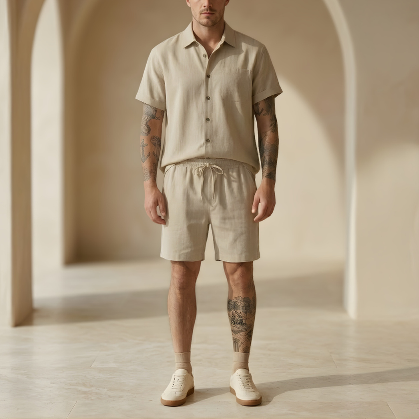Men’s linen blend shirt and shorts co-ord set by FJØRNA, perfect for summer, featuring lightweight fabric and casual style.