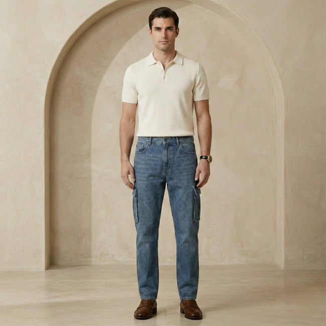 Men's elastic waist jeans by FJØRNA, casual denim pants with a comfortable fit and classic design.