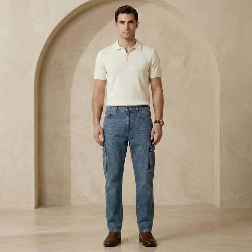 Men's elastic waist jeans by FJØRNA, casual denim pants with a comfortable fit and classic design.