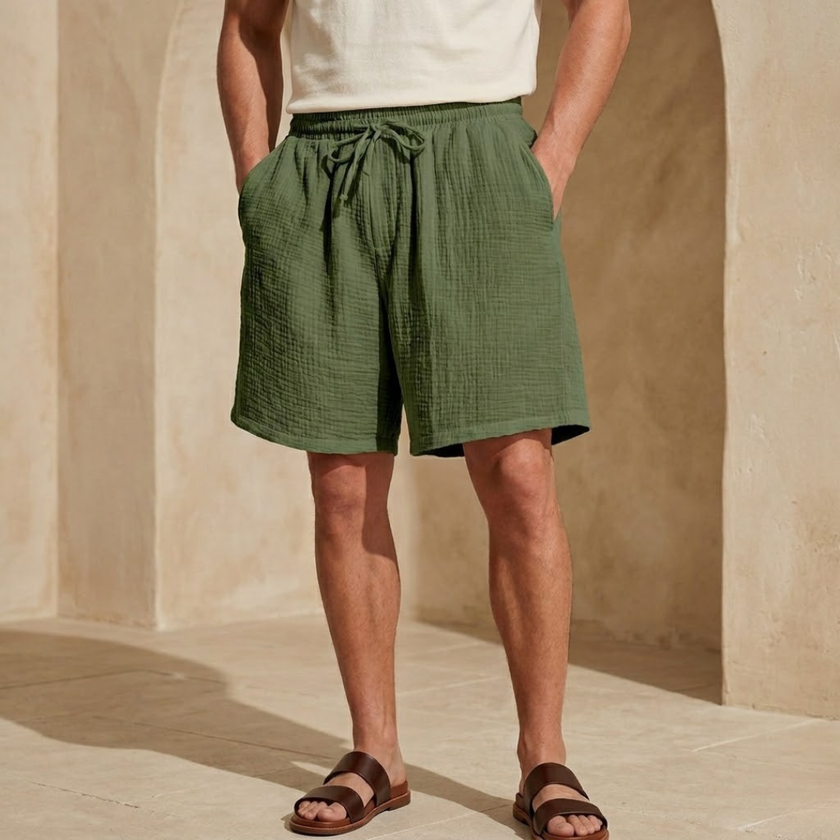 Men's relaxed fit drawstring shorts by FJØRNA, lightweight casual shorts with adjustable waistband and comfortable fit.