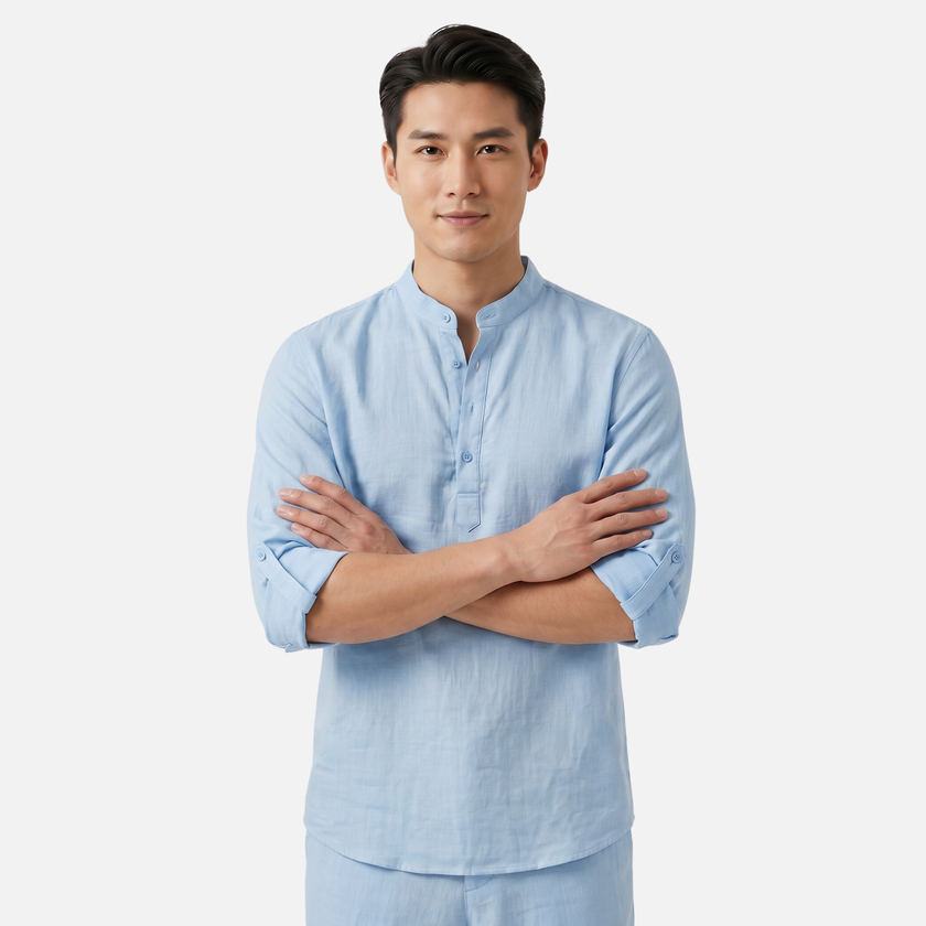 Men's linen Henley shirt with grandad collar and rolled-up sleeves by FJØRNA, perfect for casual summer wear.