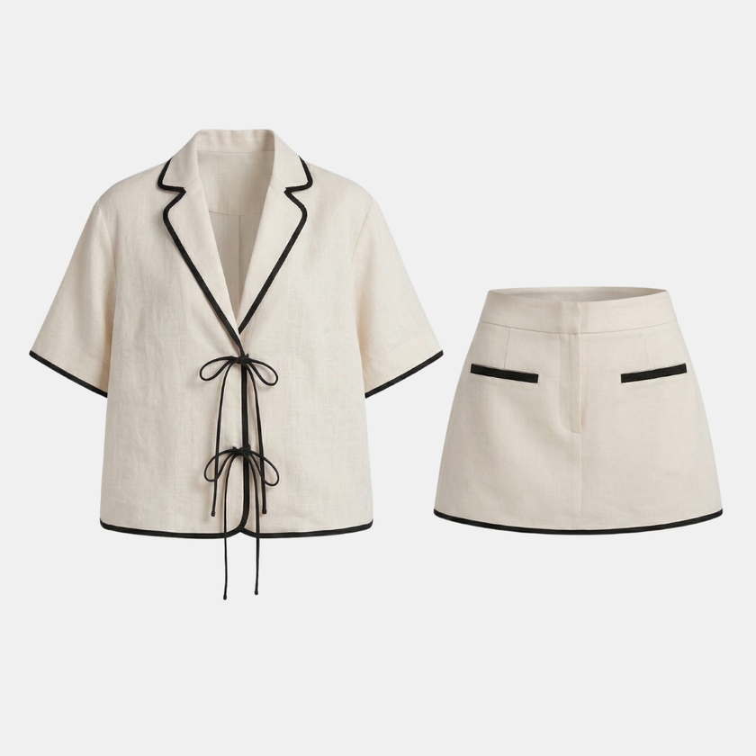 Women's ivory linen blend co-ord shirt and skirt set by FJØRNA, featuring a stylish matching top and skirt ensemble.
