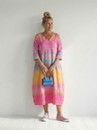 FJØRNA women's summer midi dress with striped pattern, long sleeves, flowy lightweight fabric, perfect for warm weather.