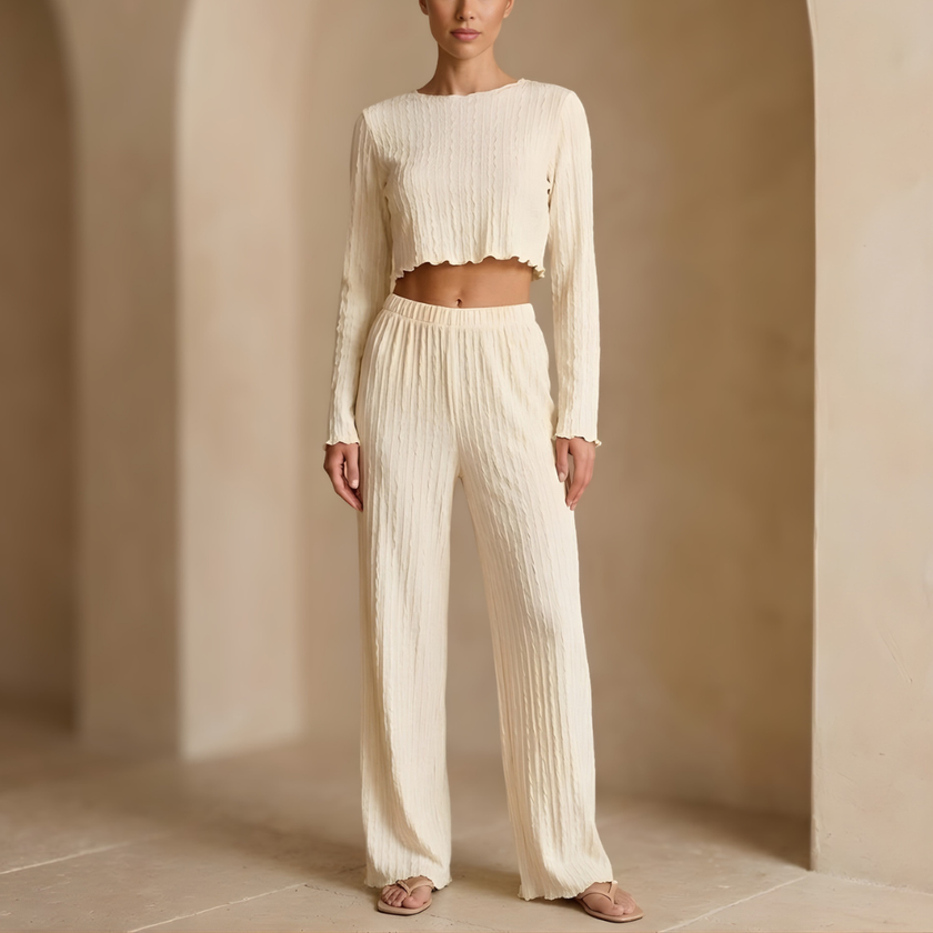 Women’s soft knit lounge co-ord set by FJØRNA featuring a relaxed fit top and matching pants in cozy fabric.