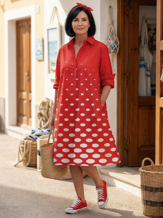 FJØRNA women's summer polka dot wrap dress, flowy and stylish, featuring a flattering fit and classic pattern.