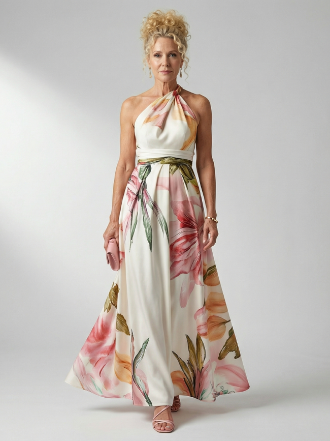 FJØRNA women's floral summer maxi dress with halter neck, sleeveless, relaxed fit, perfect for warm weather and casual occasions.