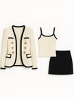 FJØRNA three-piece blazer suit set with contrast trim and gold buttons, featuring a stylish gold dress for women.