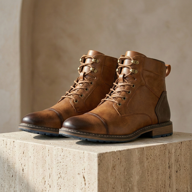 FJØRNA men's leather hiking boots with orthopedic support, sturdy outdoor shoes for hiking and trekking.