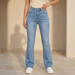 Women’s high waist bootcut jeans by FJØRNA, slim fit pants with a classic denim look and flattering fit.