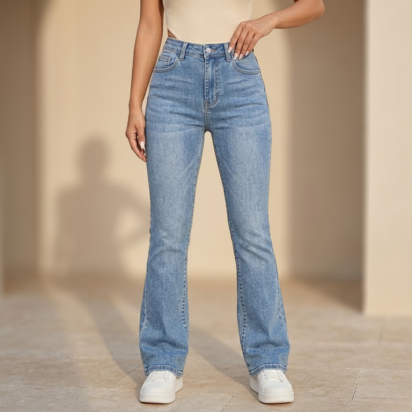 Women’s high waist bootcut jeans by FJØRNA, slim fit pants with a classic denim look and flattering fit.