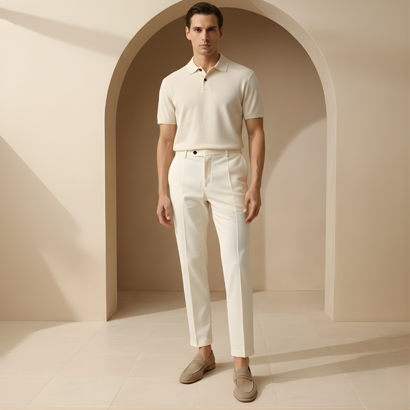 FJØRNA men's straight leg trousers in relaxed fit, casual pants with a smooth fabric and classic design, shown in neutral color.