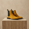 FJØRNA tan suede Chelsea men's boots with elastic side panels and a sleek, stylish design on a neutral background.