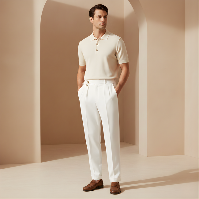 FJØRNA men's high waist straight leg trousers, tailored pants in neutral fabric, front view showing fit and waistband details.