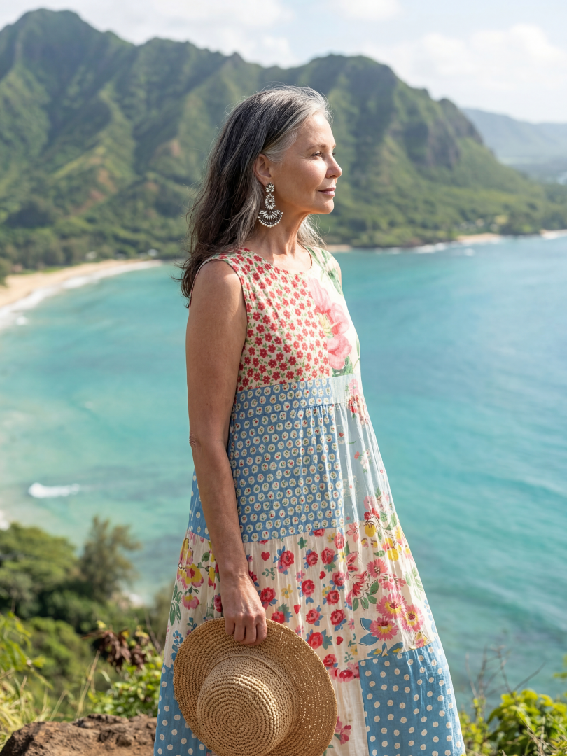 FJØRNA women's floral summer midi dress with short sleeves, flowy fabric, perfect for warm weather and casual occasions.