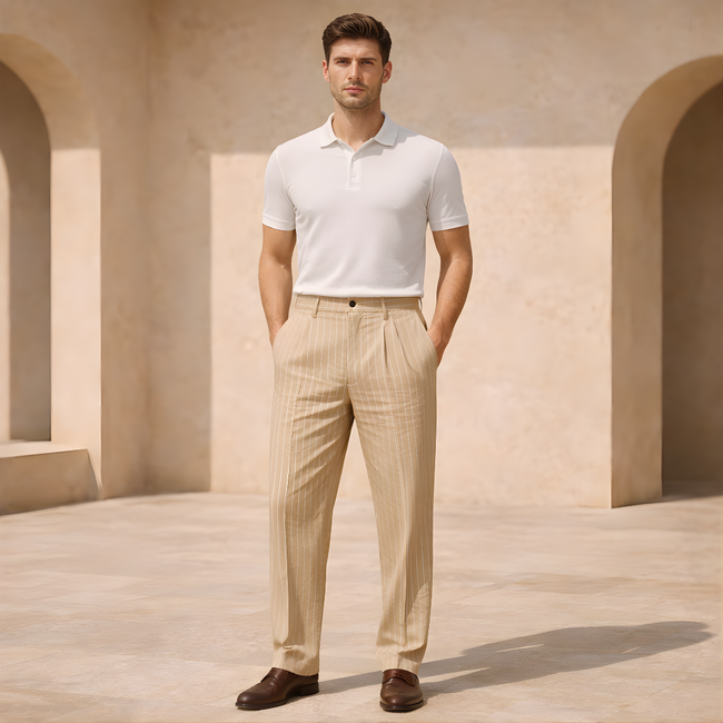 Men's linen straight-leg trousers by FJØRNA with relaxed fit and striped design, shown in a natural pose.