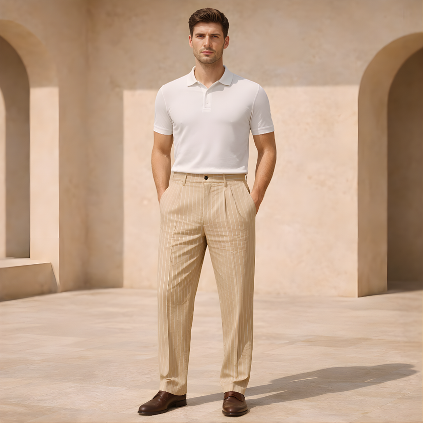 Men's linen straight-leg trousers by FJØRNA with relaxed fit and striped design, shown in a natural pose.