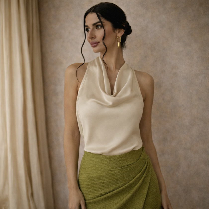 FJØRNA satin top for women, stylish and smooth fabric, close-up of the elegant men's-inspired top in a soft satin finish.
