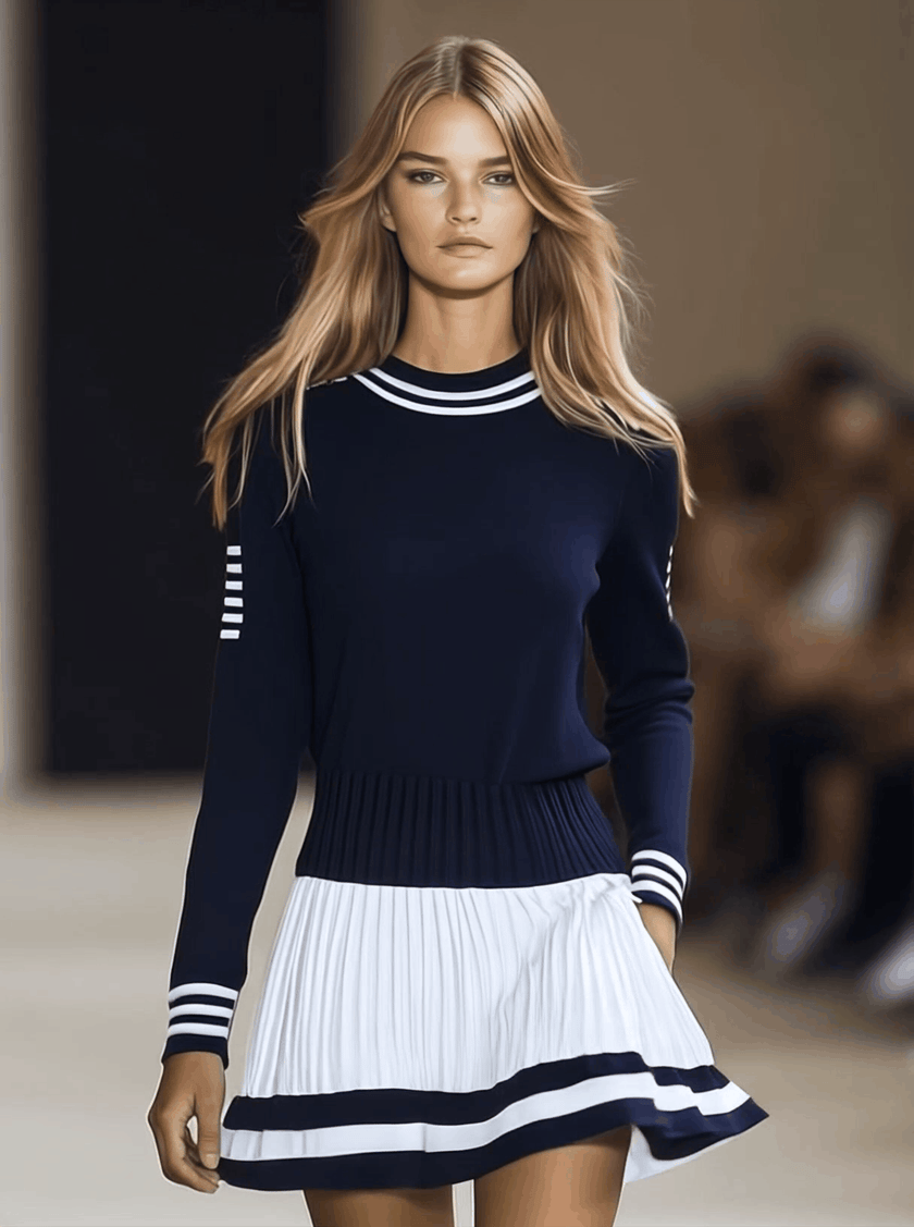 Navy blue FJØRNA mini dress for women, sleeveless with a fitted bodice and flared skirt, shown on a model.