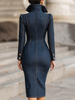 FJØRNA double-breasted structured denim midi dress in blue, featuring a fitted waist and classic midi length.