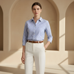 FJØRNA men's relaxed fit striped button-down shirt, casual top with vertical blue and white stripes, long sleeves, and collar.