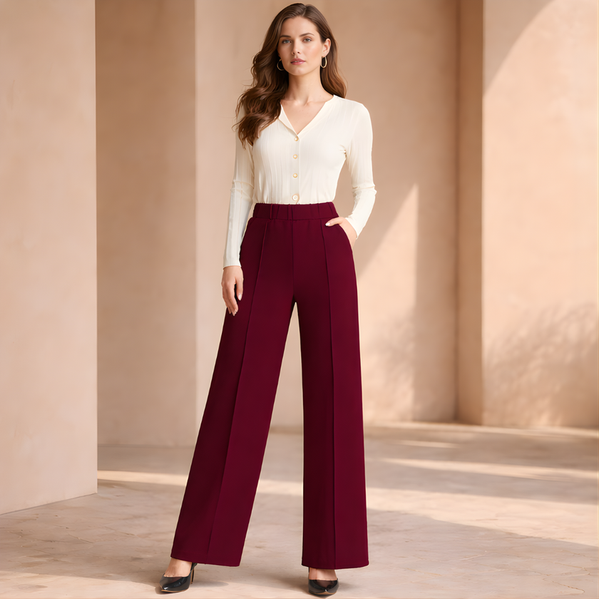FJØRNA women's high waist wide leg tailored trousers, stylish pants with a relaxed fit and smooth fabric front view