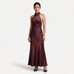 FJØRNA women's satin halter maxi dress with open back and cowl neck, ideal for formal evening occasions.