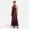 FJØRNA women's satin halter maxi dress with open back and cowl neck, ideal for formal evening occasions.