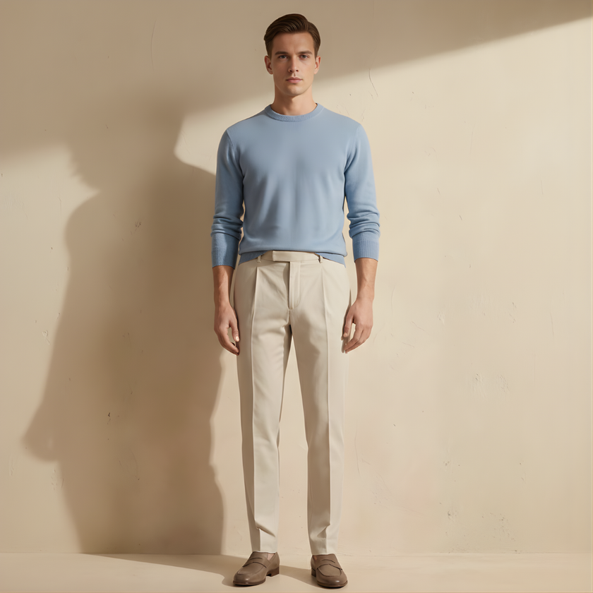 FJØRNA men's straight leg trousers in neutral fabric, featuring a classic fit with front pockets and a clean, tailored look.
