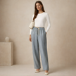 FJØRNA women's cotton linen trousers with drawstring, relaxed fit, lightweight breathable pants for a casual, comfortable look.