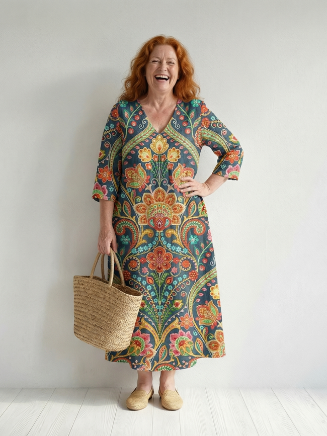 FJØRNA summer midi dress for women with long sleeves, wrap design, flowy lightweight fabric, perfect for warm weather.
