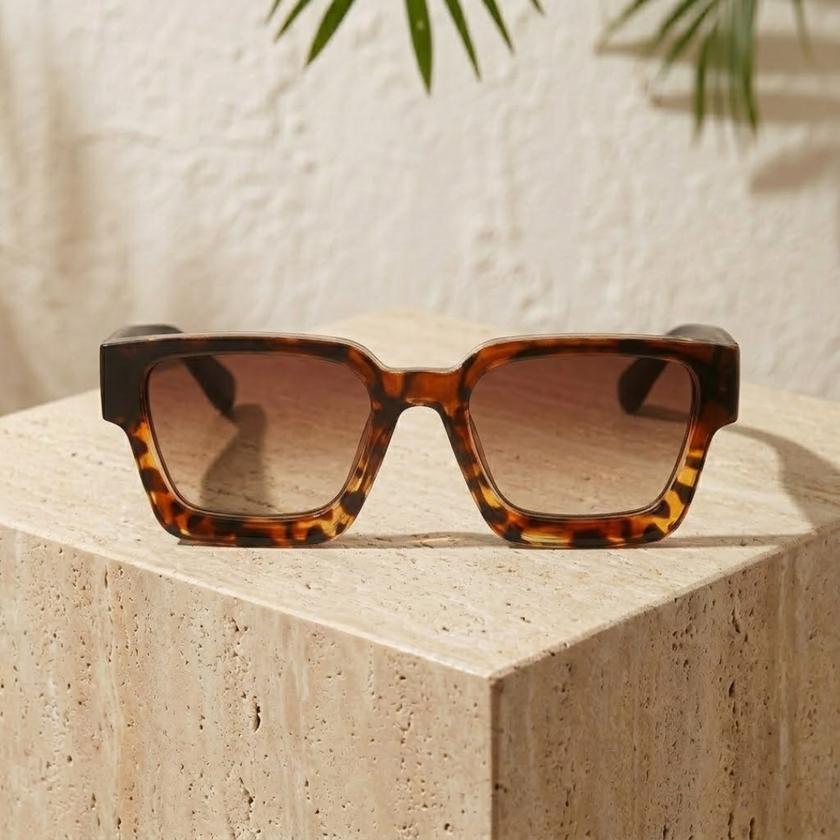 Unisex vintage rectangular sunglasses by FJØRNA featuring dark tinted lenses and sleek black frames.