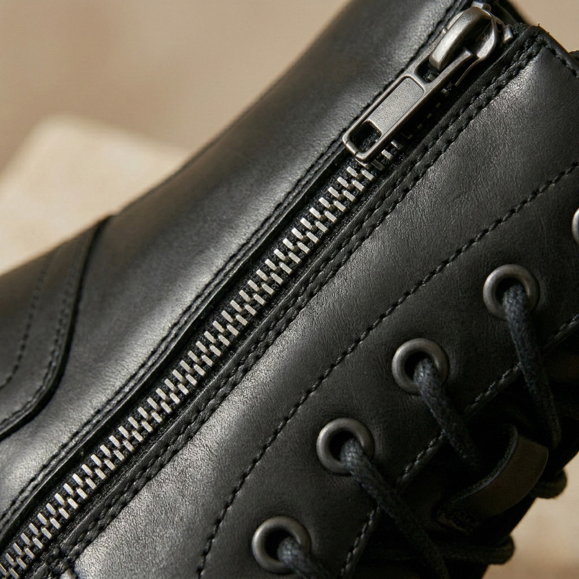 FJØRNA men's leather combat boots with side zipper, orthopedic design, durable soles, and ankle height for rugged style and comfort.